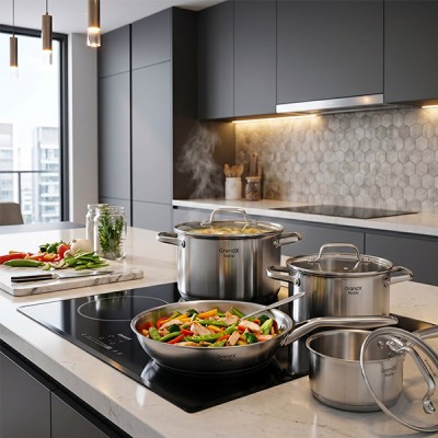 Phối cảnh Bộ nồi chảo inox Grandx GX605 Noble