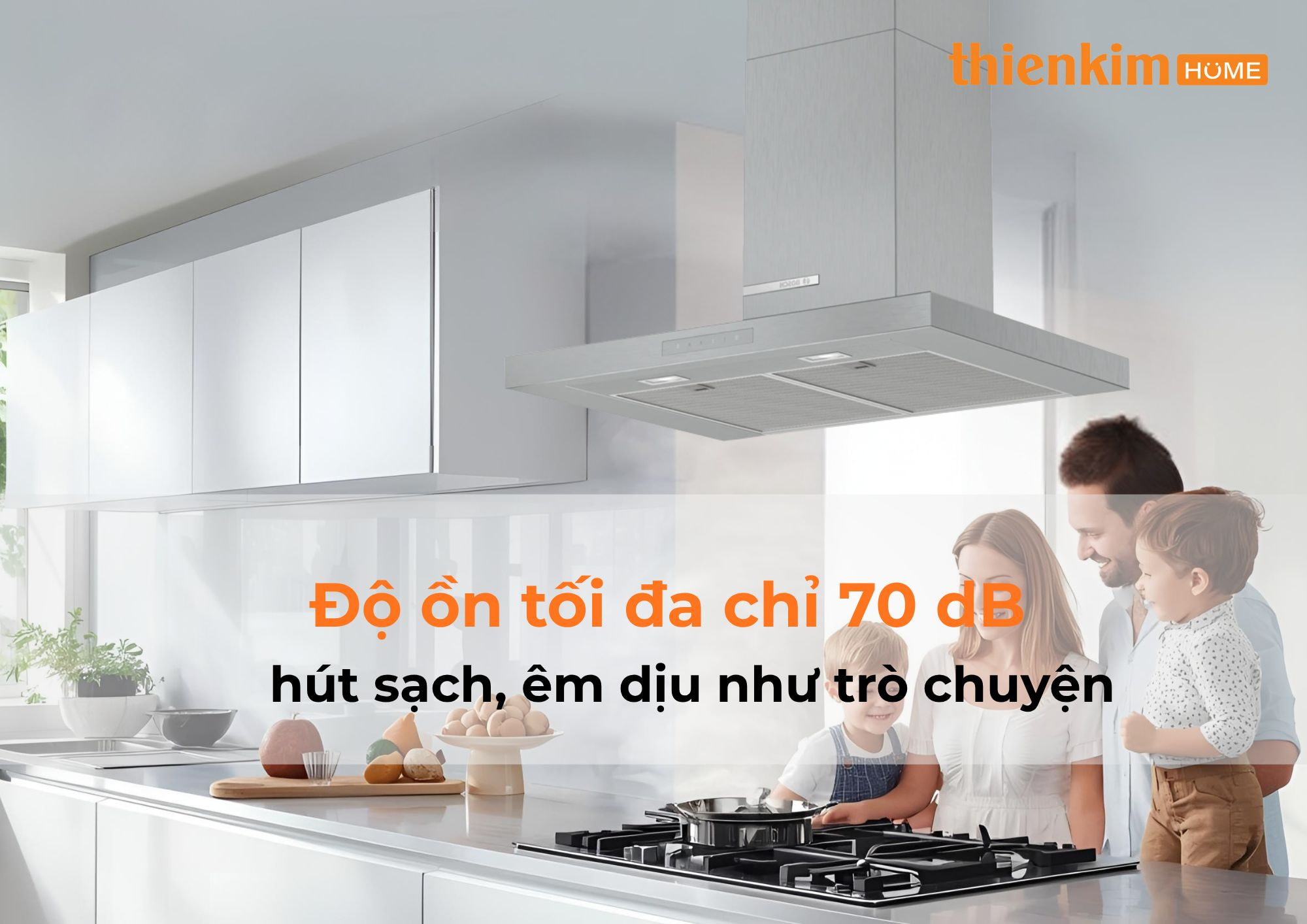 Máy hút mùi Bosch DWB77CM50 với động cơ EcoSilence, vận hành êm ái và tiết kiệm năng lượng.