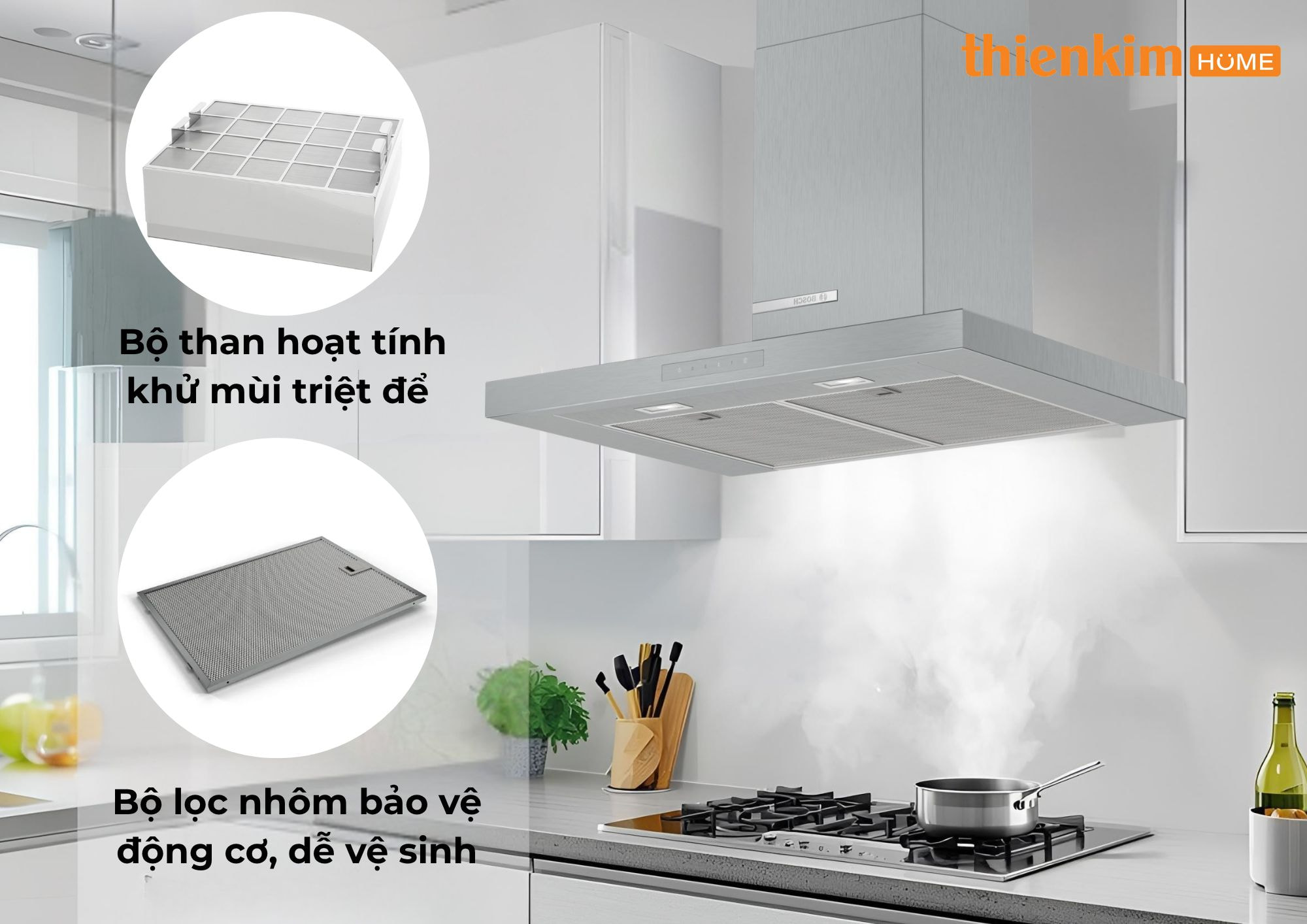 Máy hút mùi Bosch DWB77CM50 với bộ lọc nhôm và than hoạt tính, giúp khử mùi hiệu quả và bảo vệ động cơ.