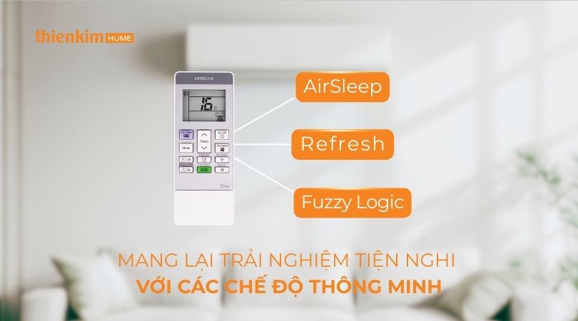 Điều khiển máy lạnh Hitachi tích hợp các chế độ thông minh AirSleep và Fuzzy Logic tiện nghi.