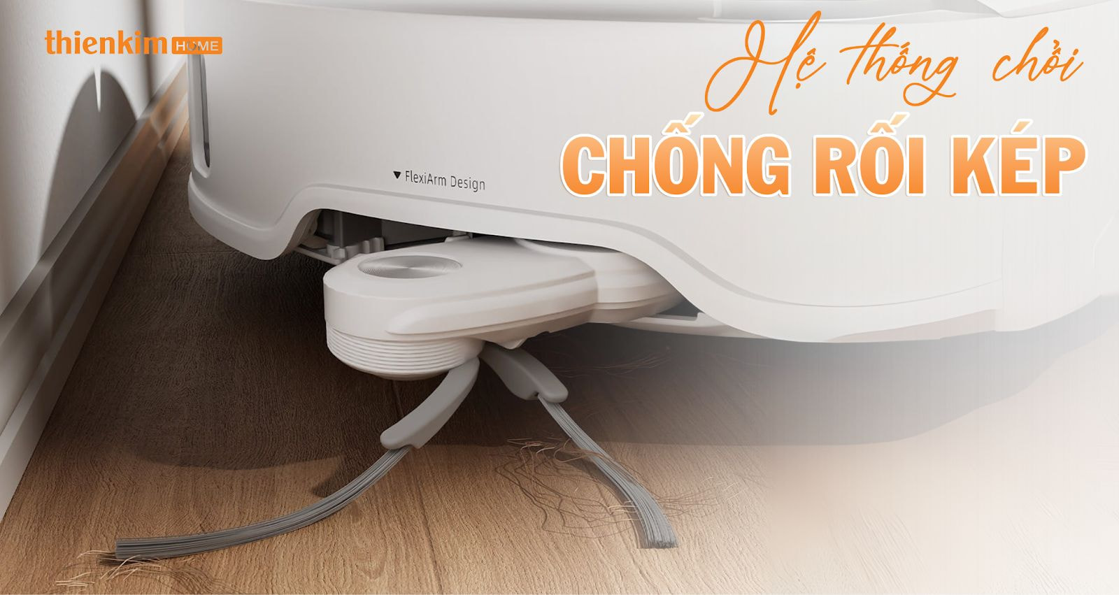 Roborock Qrevo Edge 5V1 trang bị hệ thống chổi chống rối kép DuoDivide và FlexiArm, làm sạch hiệu quả tóc và lông thú.