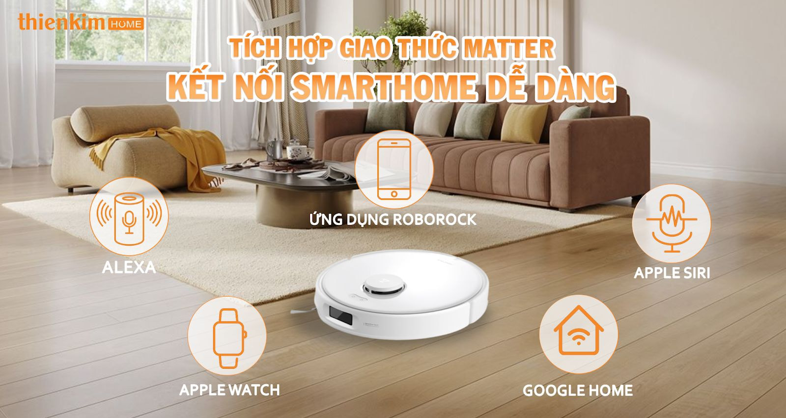 Roborock Q Revo Edge 5V1 tích hợp giao thức Matter, kết nối mượt mà với hệ thống nhà thông minh và các trợ lý ảo hàng đầu như Siri, Google, Alexa.