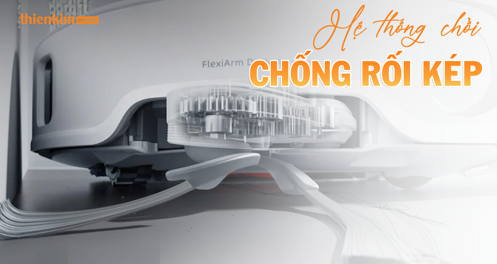 Roborock Qrevo Edge T trang bị hệ thống chổi DuoDivide™ và FlexiArm™ – chống rối hiệu quả, làm sạch sát tường và góc khuất.