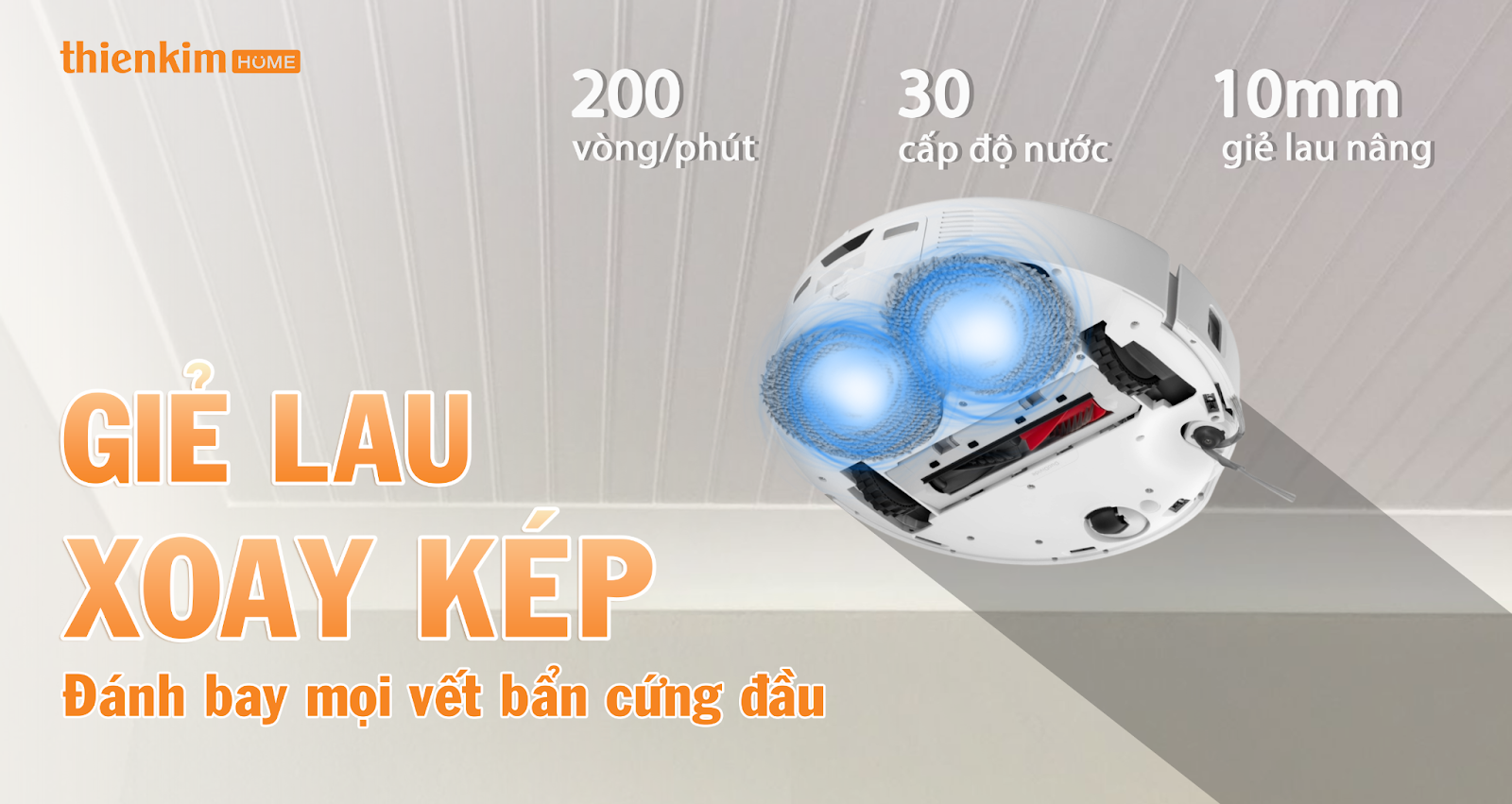Công nghệ lau xoay kép 200 vòng/phút của Roborock Qrevo Edge T giúp loại bỏ vết bẩn cứng đầu, tự nâng khăn lau khi gặp thảm.