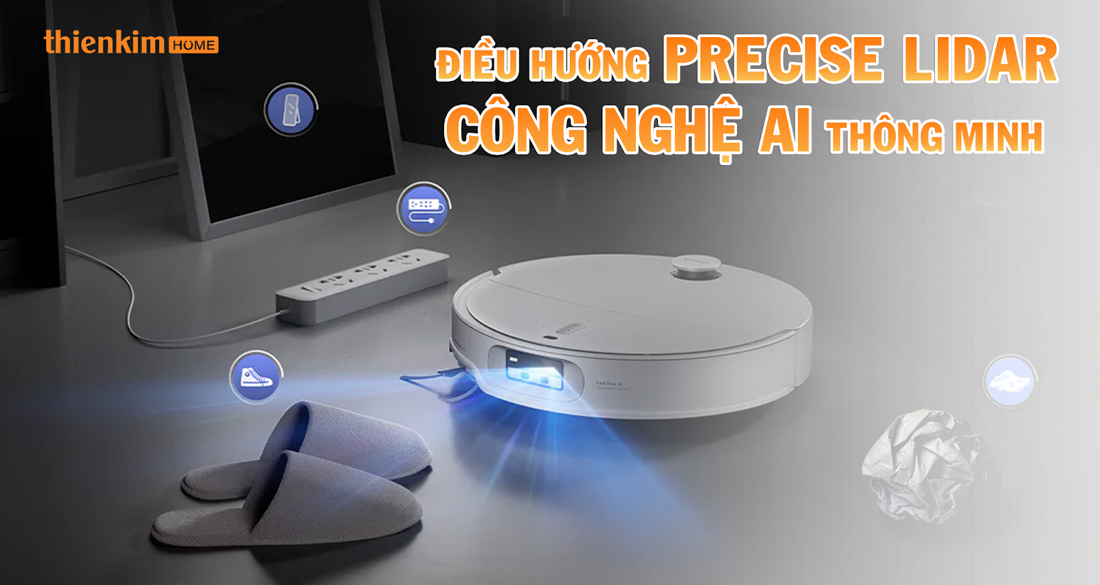 Roborock Qrevo Edge T với điều hướng Precise LiDAR và AI thông minh – quét 360°, nhận diện 108 vật thể để tránh va chạm hiệu quả.