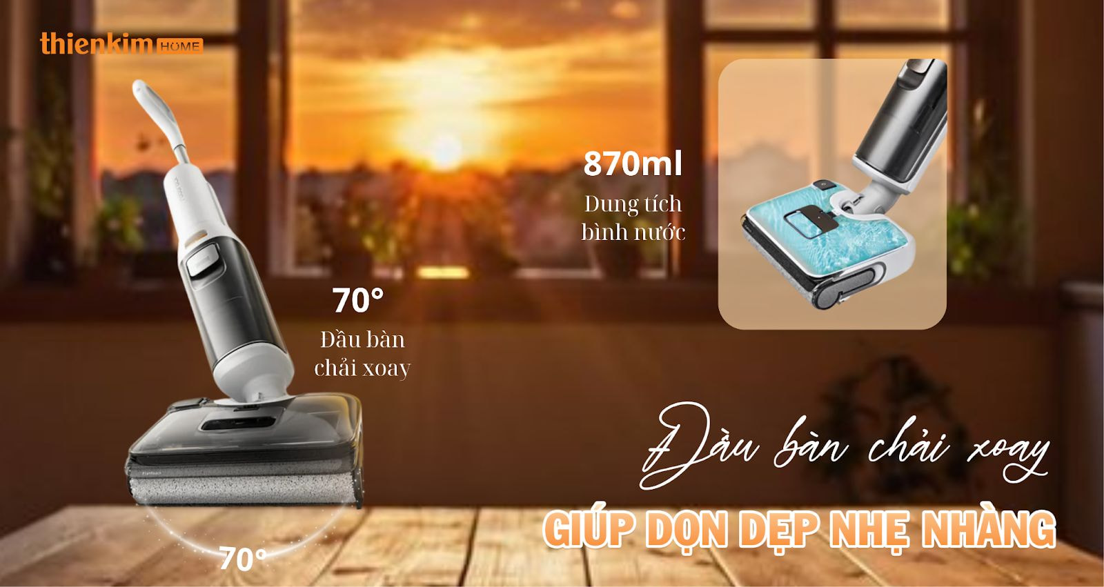 Đầu bàn chải xoay 70° của Roborock F25 RT giúp làm sạch góc tường và bề mặt gồ ghề nhẹ nhàng, hiệu quả.