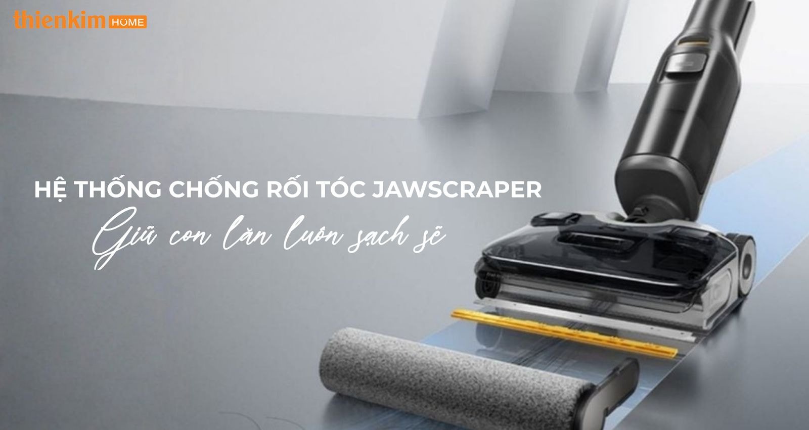 Hệ thống JawScraper giữ con lăn Roborock F25 ACE luôn sạch, loại bỏ tóc và lông thú tự động.