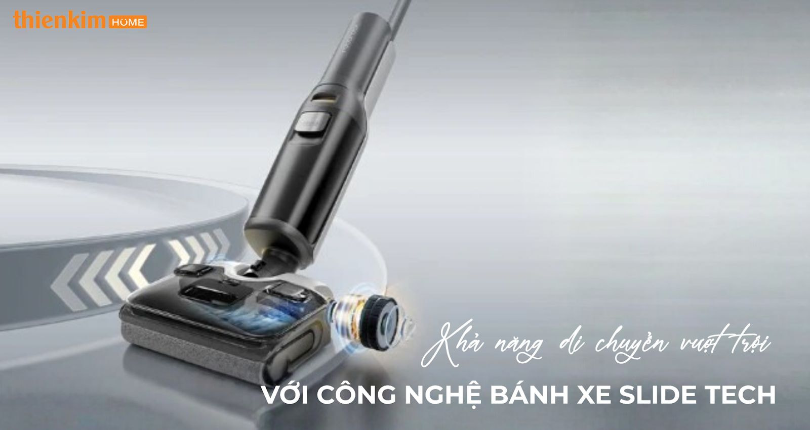 Roborock F25 di chuyển mượt mà trên mọi bề mặt nhờ công nghệ bánh xe Slide Tech, xoay linh hoạt dưới bàn và ghế.