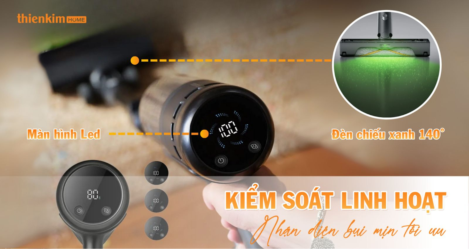 Màn hình LED và đèn chiếu xanh 140° giúp Roborock H60 Ultra nhận diện bụi mịn hiệu quả.