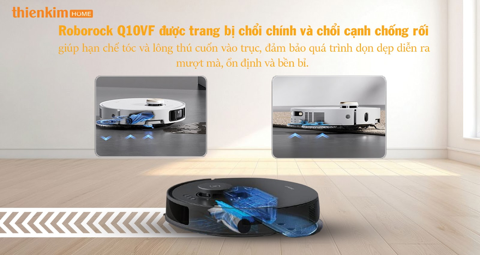 Robot hút bụi Roborock Q10 VF trang bị chổi chống rối kép, hút tóc và lông thú cưng hiệu quả, vận hành mượt mà không kẹt rối.