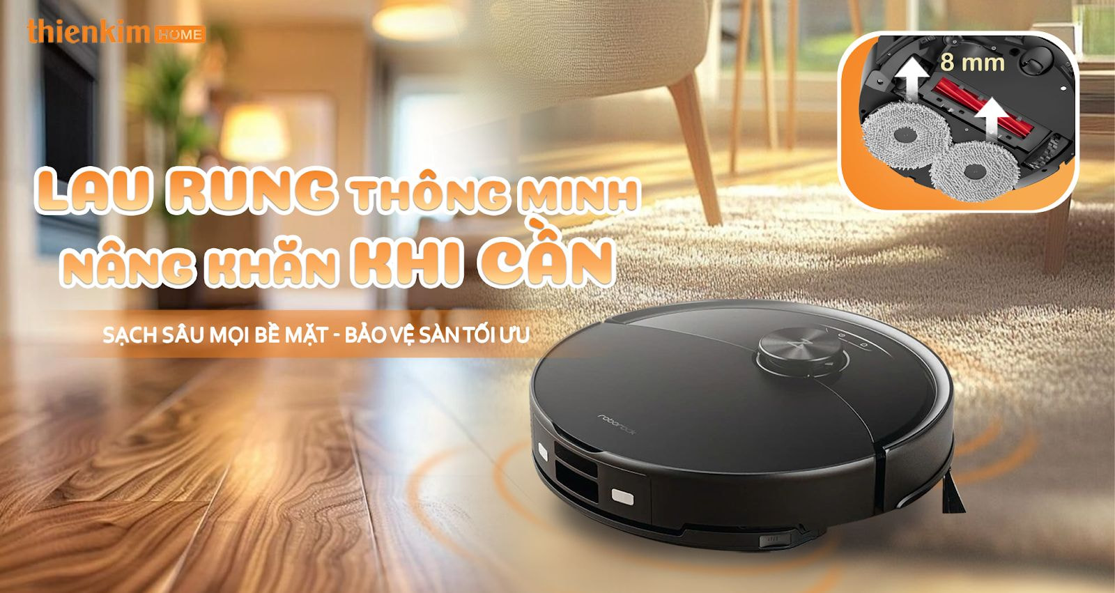 Roborock Q10 VF làm sạch vết bẩn cứng đầu với công nghệ lau rung VibraRise 2.0 và tự nâng khăn lau khi gặp thảm.