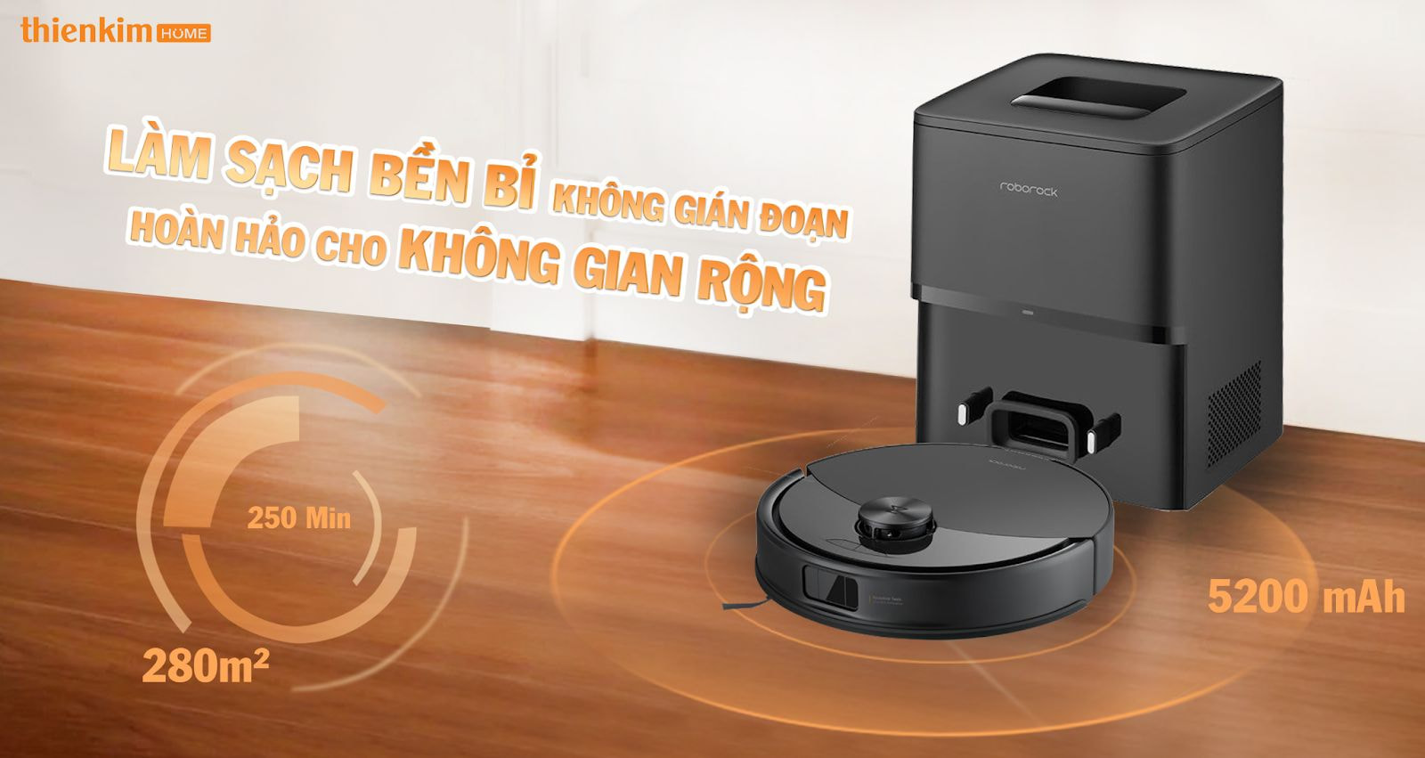 Robot hút bụi Roborock Q10 VF sở hữu pin dung lượng lớn 5.200mAh, làm sạch diện tích lên tới 280m² trong một lần sạc, phù hợp cho nhà phố và biệt thự.