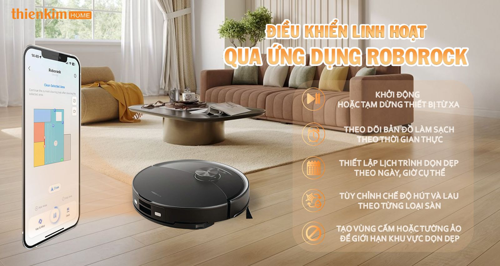 Điều khiển và giám sát Roborock Q10 VF từ xa dễ dàng qua ứng dụng Roborock trên smartphone.