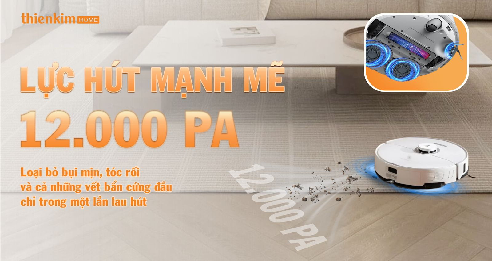 Roborock Qrevo 5AE Trắng – Lực hút mạnh 12.000Pa và hệ thống lau xoay kép 200 vòng/phút giúp loại bỏ bụi mịn, tóc rối và vết bẩn cứng đầu chỉ trong một lần chạy.