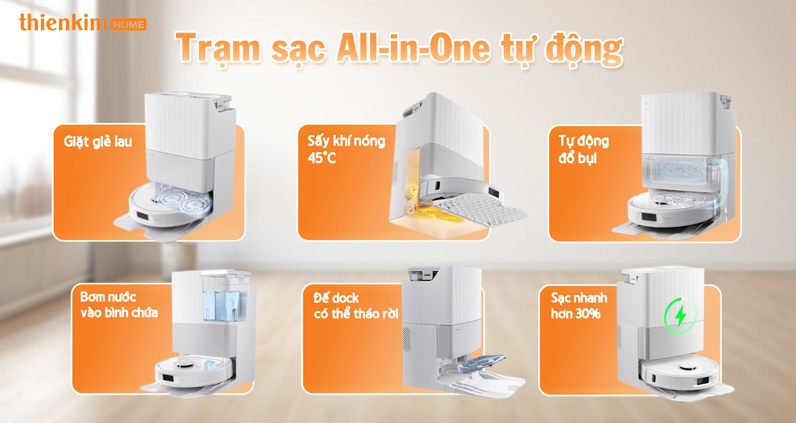 Trạm sạc All-in-One của Roborock Qrevo 5AE – Tự động giặt, sấy khăn lau bằng khí nóng 45℃, đổ rác và sạc nhanh hơn 30%, mang đến trải nghiệm rảnh tay tiện nghi.