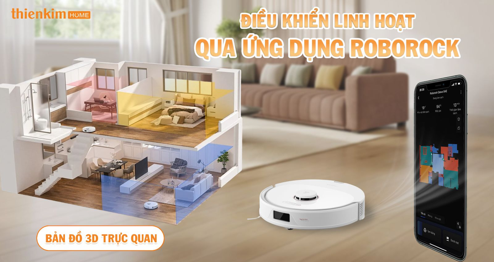 Roborock Qrevo 5AE – Dễ dàng điều khiển qua ứng dụng Roborock, tùy chỉnh chế độ làm sạch theo từng phòng và theo dõi bản đồ 3D chi tiết ngay trên điện thoại.