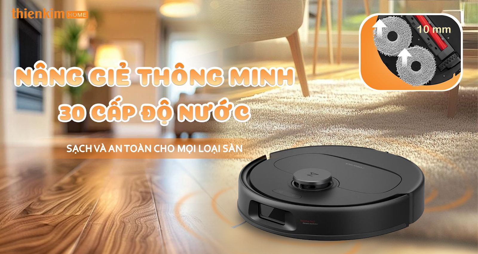 Roborock QR 798 – Tự động nâng giẻ lau 10mm khi gặp thảm và điều chỉnh 30 mức nước, làm sạch hiệu quả mà vẫn an toàn cho sàn gỗ, sàn đá.