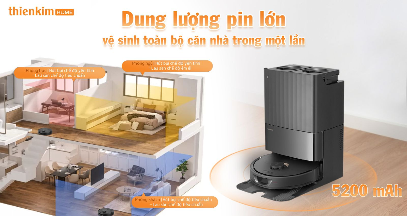 Roborock QR 798 – Trang bị pin dung lượng lớn 5.200mAh cho thời gian hoạt động liên tục tới 3 giờ, làm sạch trọn vẹn căn hộ 200m² chỉ trong một lần sạc.