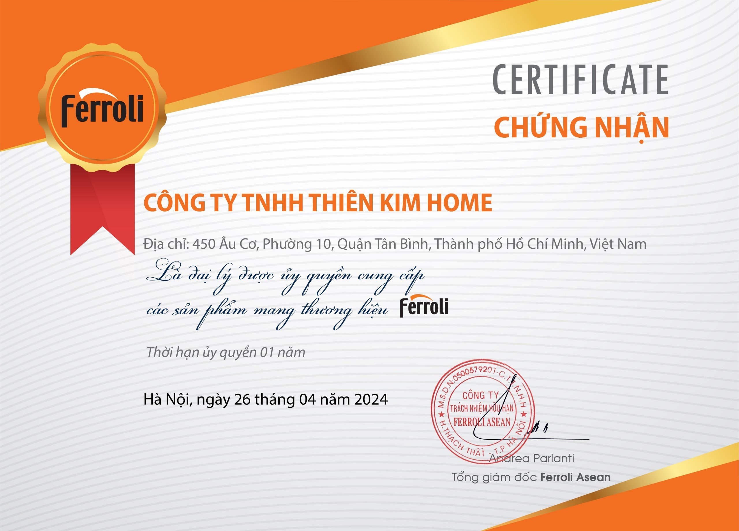 Chứng nhận phân phối Ferroli