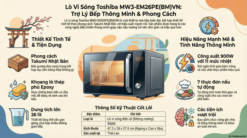 thông tin Lò vi sóng điện tử tích hợp nướng Toshiba MW3-EG26PE(BM)VN